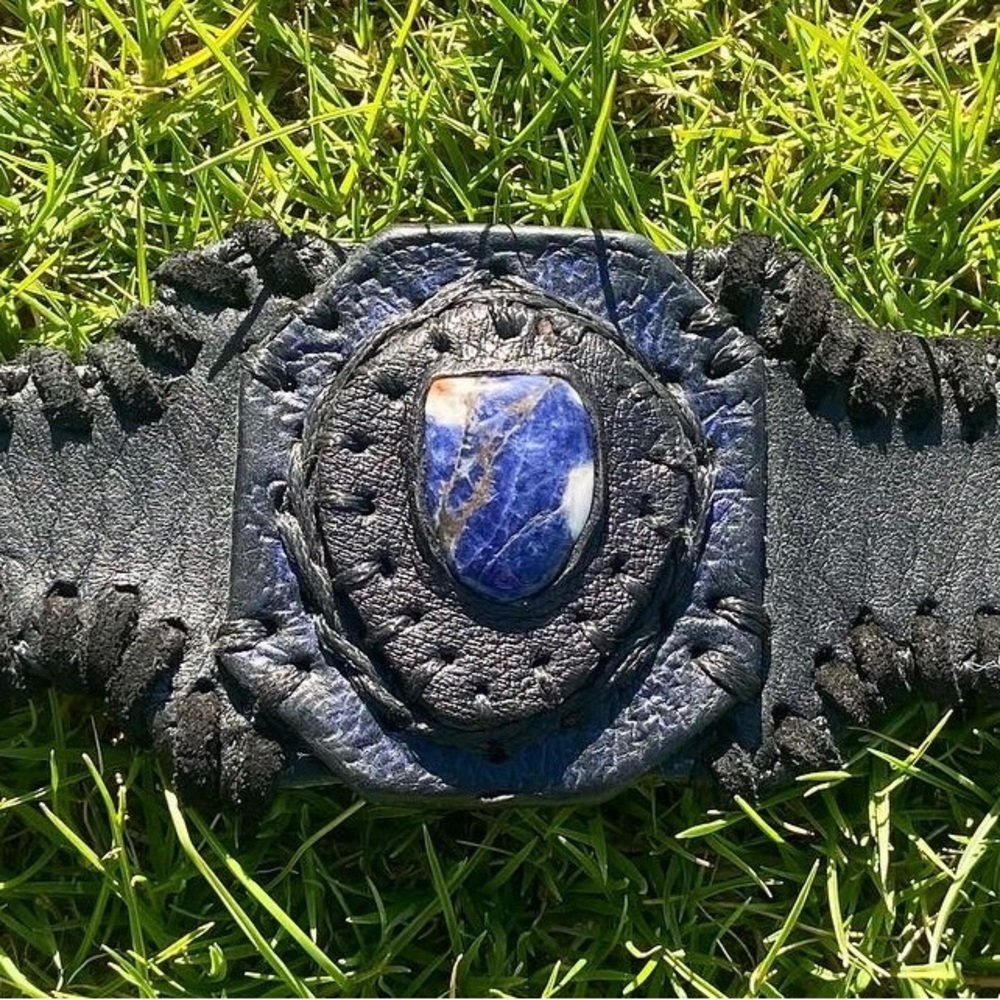 Handmade black leather cuff with natural Sodalite stone